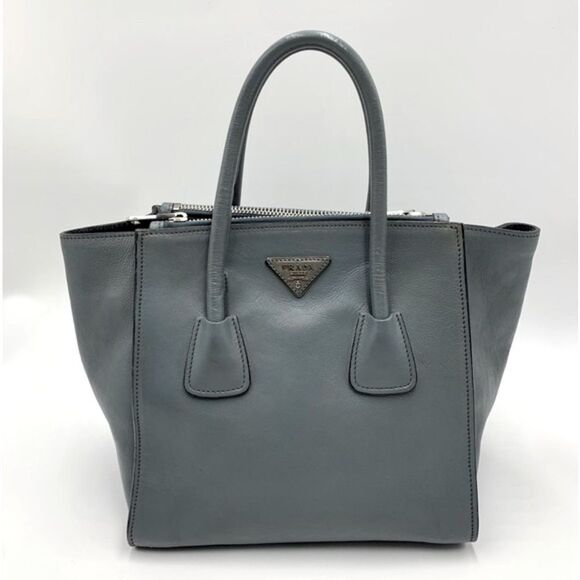 Prada Handbags - Auth Prada Glacé Twin Pocket Calfskin Leather Tote Bag Slate Blue Vtg Preloved